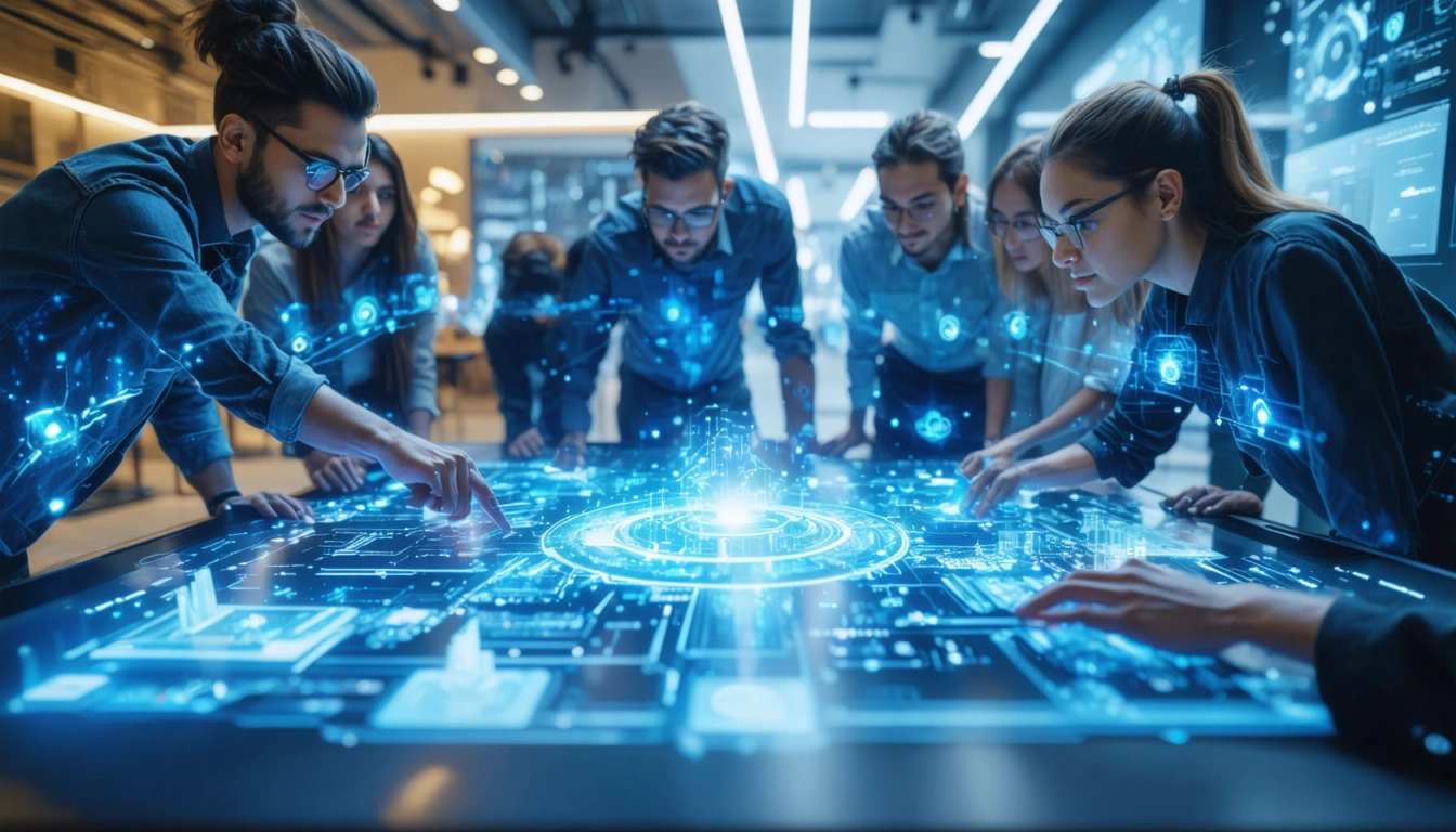 AIと人間の共創 AI技術を活用し共創するビジネスチーム 未来のイノベーションをAIと共創する人々 テクノロジーと共創し新しい価値を生み出す