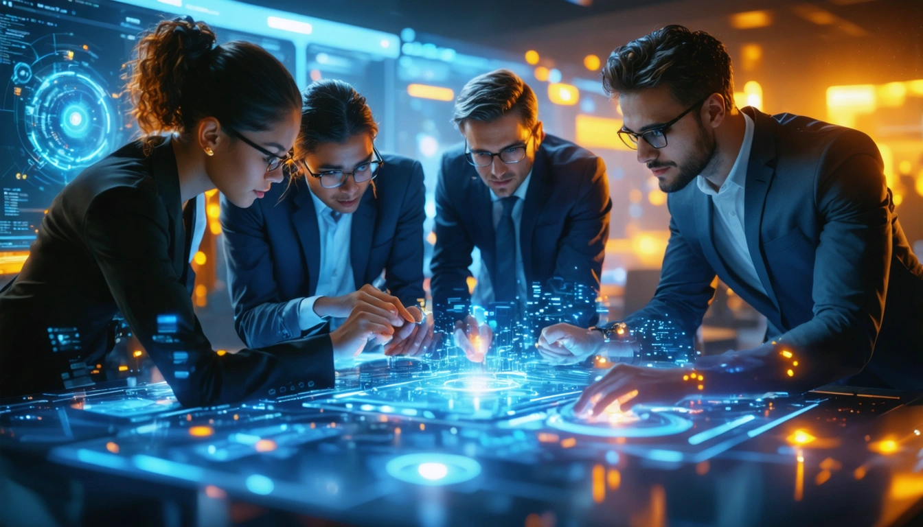 AIと共創する未来を象徴するテクノロジーのイラスト