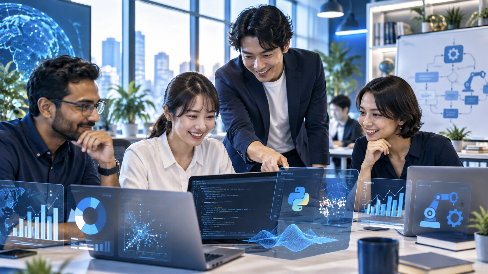 日本の職場でAIとデータ分析を学ぶイメージ