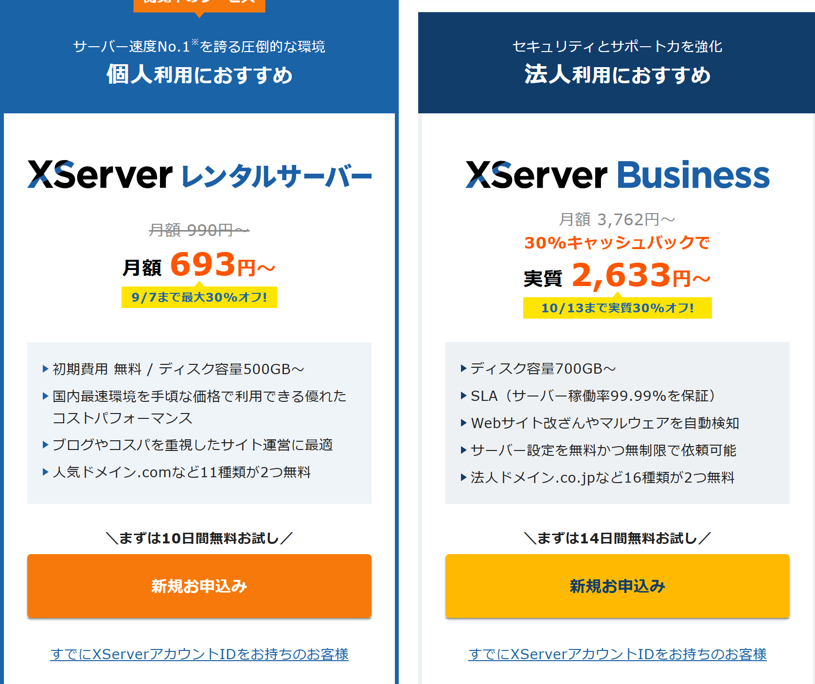 エックスサーバー申し込み完了画面
